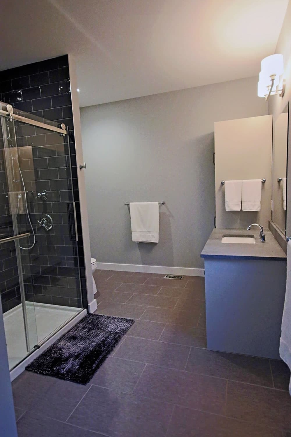 Primary ensuite bathroom with dark-tiled glass shower and vanity